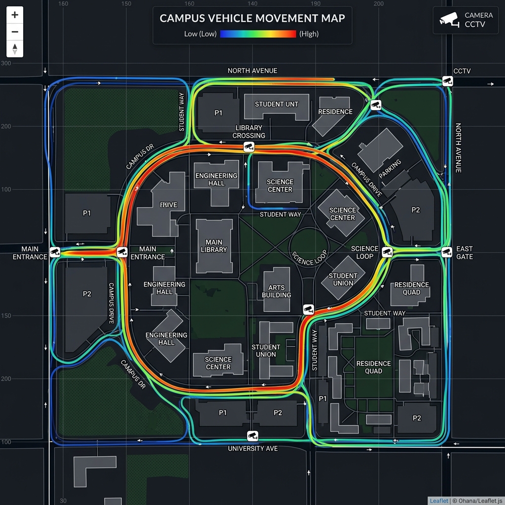 Campus trajectory heatmap showing most-used vehicle paths