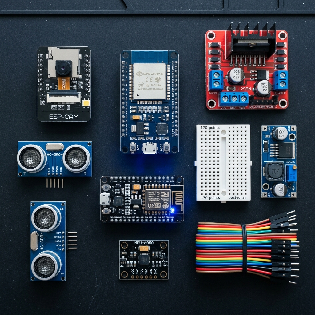 Hardware components flat lay